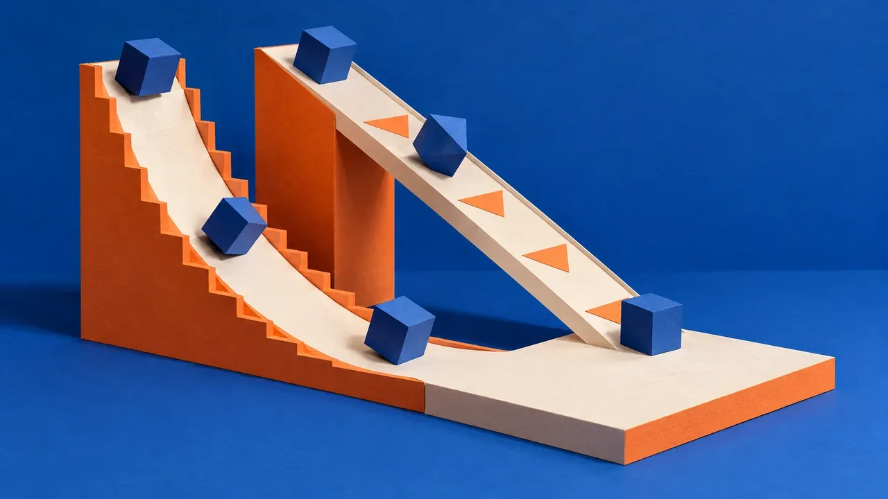 Modelo arquitetural em papel recortado com rampas quadráticas e lineares de convergência