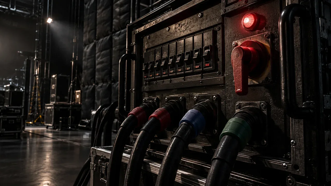 Quadro de distribuição elétrica secundária com cabos Camlok e travas de segurança em locação de filmagem