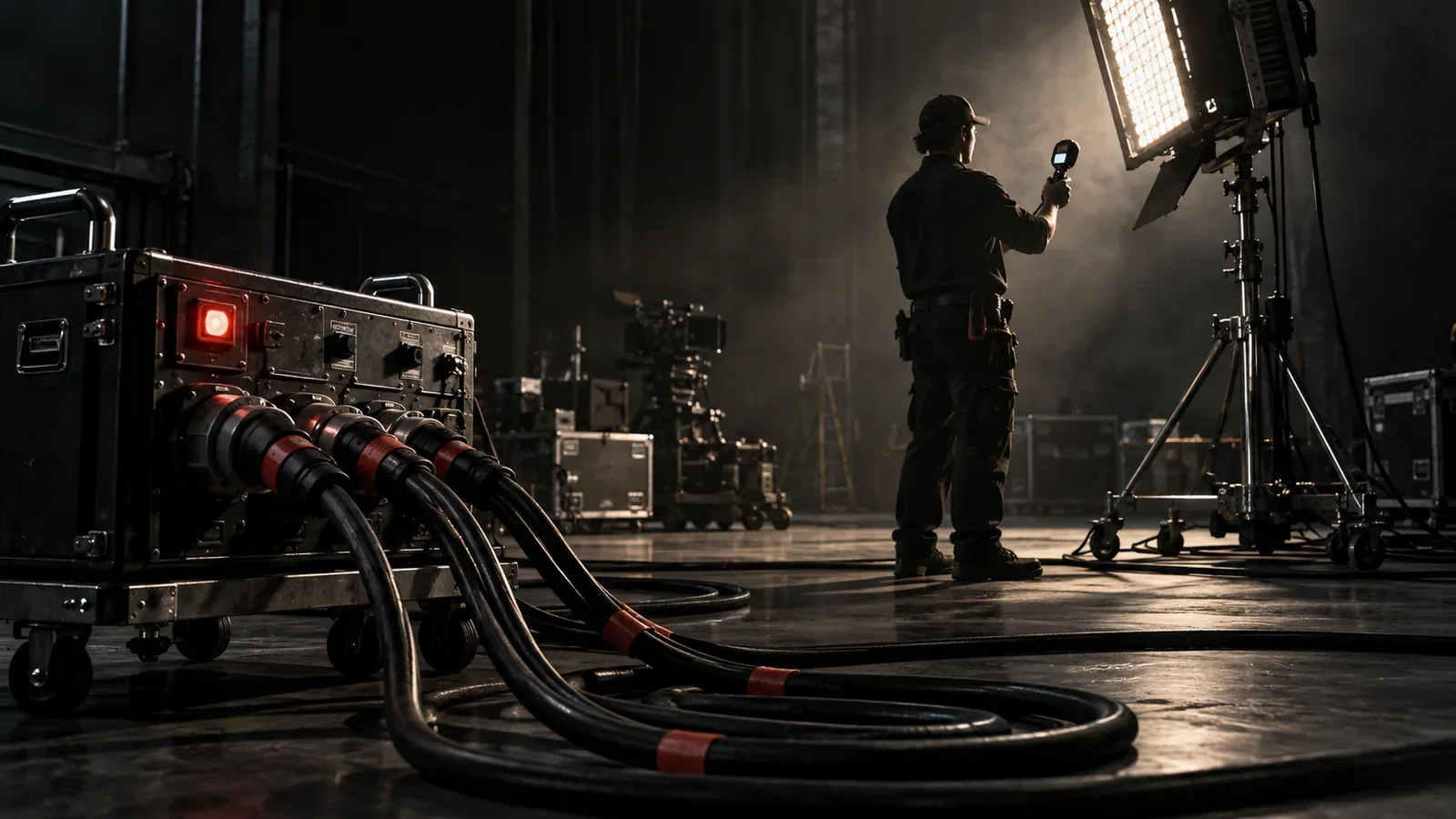 Gaffer de cinema operando refletor potente de LED e medindo iluminância com fotômetro no set