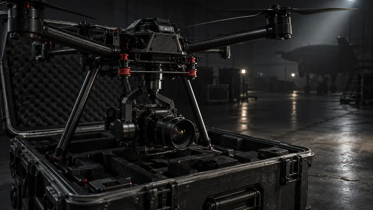 Drone de cinema com gimbal triaxial integrado em maleta rígida aberta com travas carmim