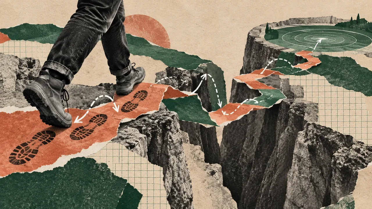 Composição de colagem editorial mostrando o contraste entre passos curtos e passos descalibrados em uma paisagem de erro