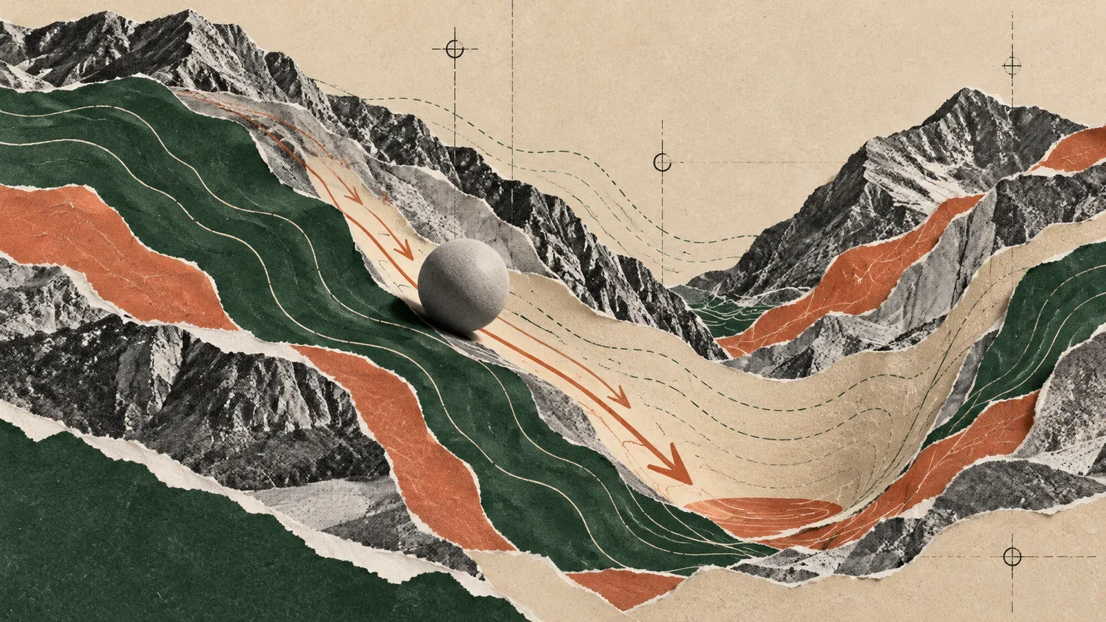 Composição de colagem editorial unindo encosta montanhosa topográfica com curvas de nível recortadas e vetor de descida mais íngreme