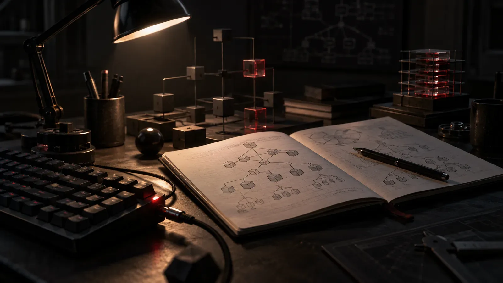 Estação de engenharia de software com esquemas de grafos e caderno de arquitetura sob iluminação chiaroscuro