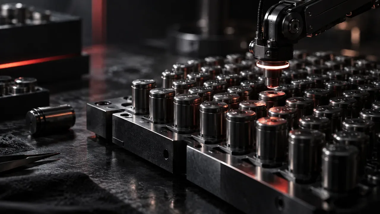 Conjunto mecânico industrial em close de precisão representando serialização binária com iluminação chiaroscuro e anel óptico com acento carmim