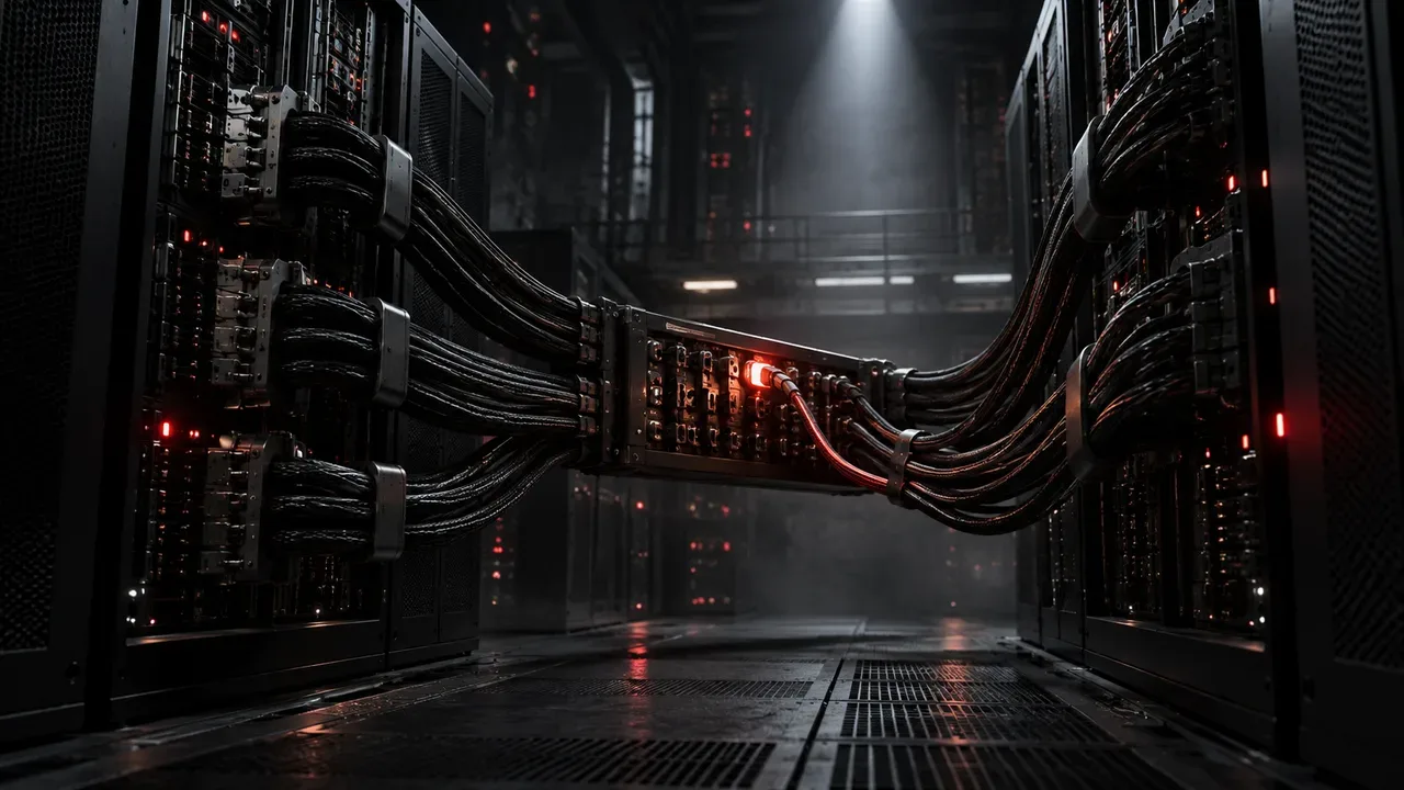 Sala técnica com racks de servidores interconectados e central de roteamento com cabo de emergência e terminal sob acento carmim