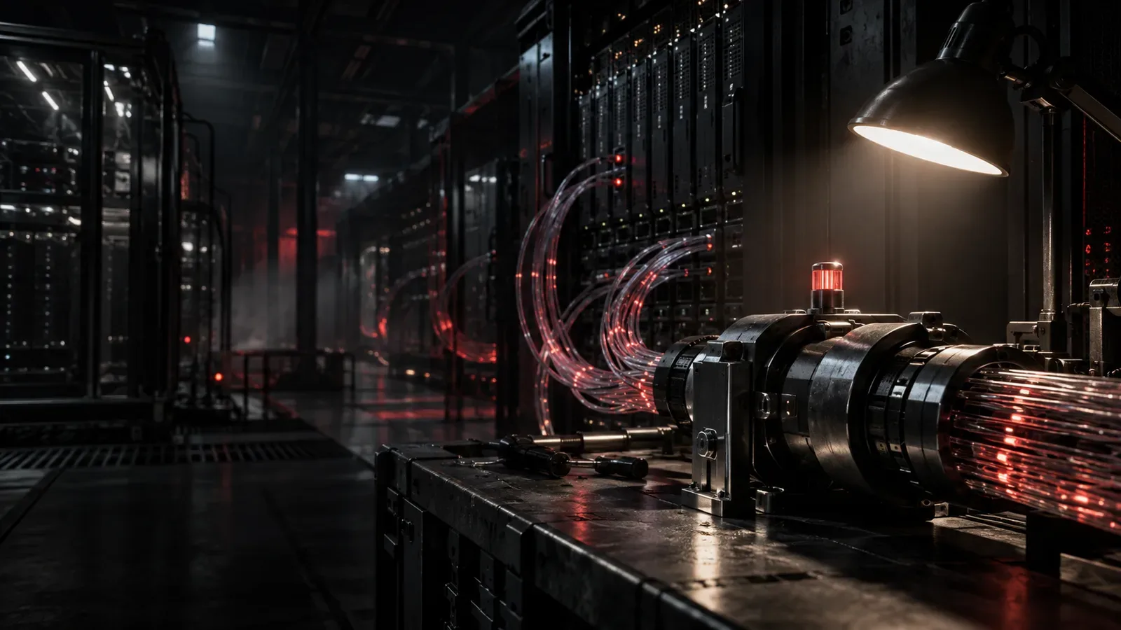 Nó de comunicação de rede em datacenter de alta velocidade sob iluminação chiaroscuro e conduto iluminado carmim