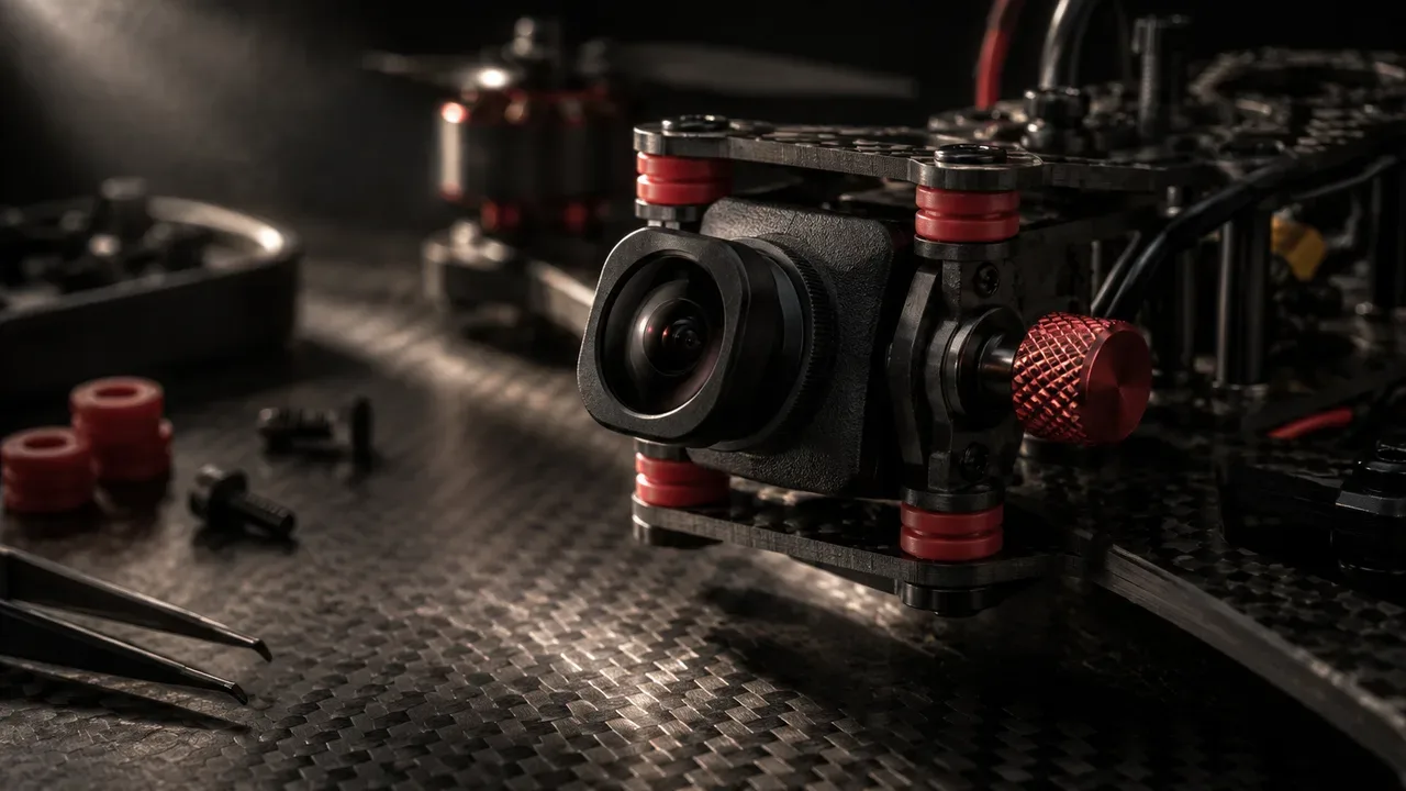 Câmera de cinema compacta para drone FPV equipada com anéis de amortecimento carmim sobre bancada de fibra de carbono