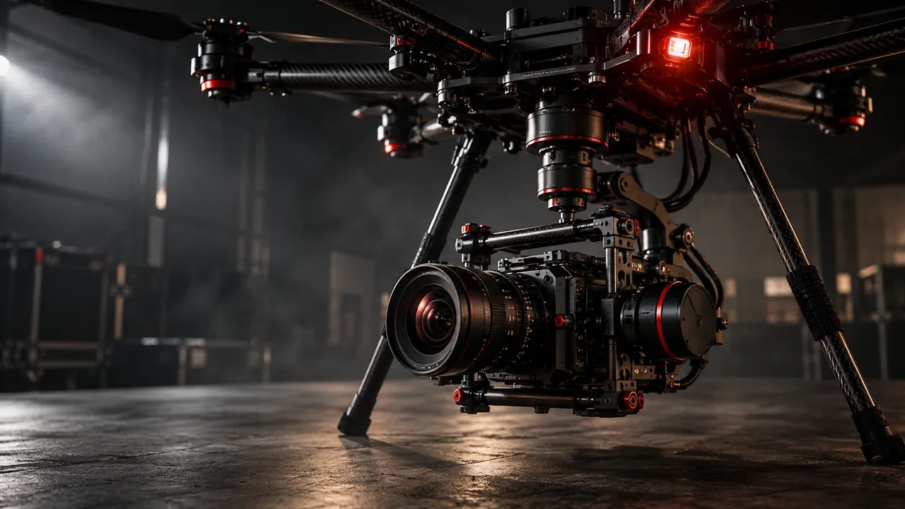 Hexacóptero de cinema equipado com gimbal de três eixos e câmera de alta resolução