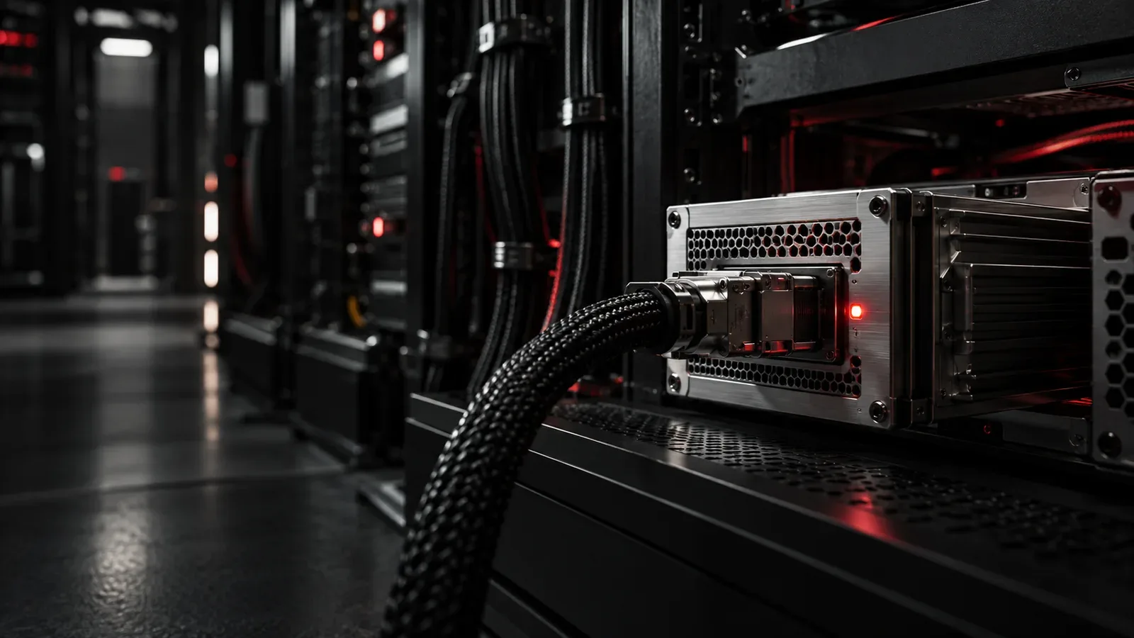 Servidores de alta densidade em laboratório com componente carmim, simbolizando a infraestrutura do Hugging Face Hub