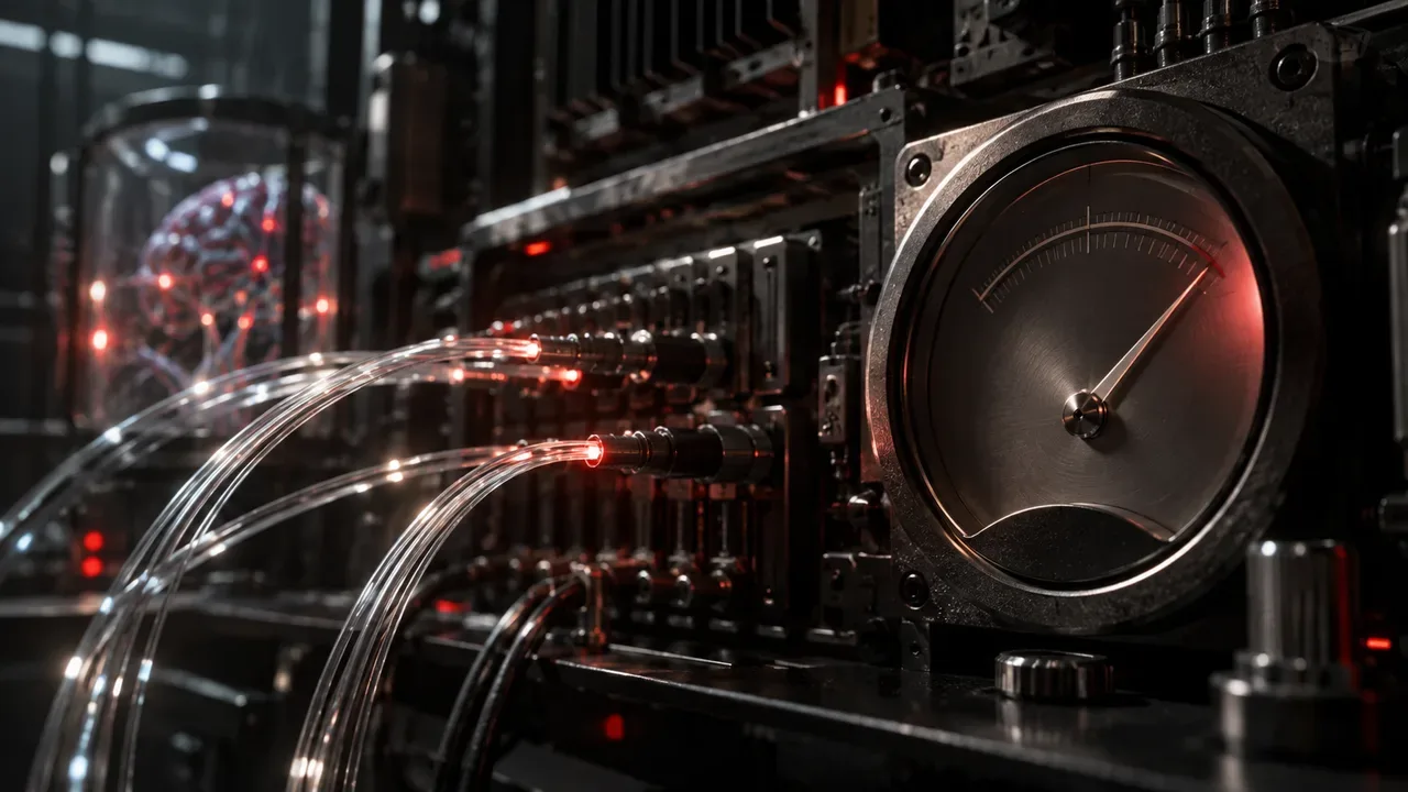 Medidor analógico com agulha indicadora em console de telemetria neural ao lado de cabos de fibra óptica