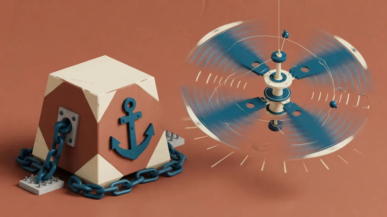 Ilustração 3D conceitual comparando a estrutura pesada de treinamento com o mecanismo veloz de inferência em tempo real