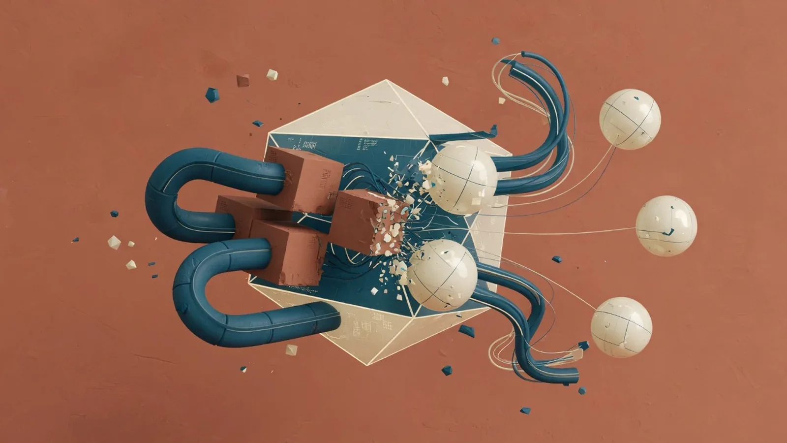 Ilustração 3D conceitual de núcleo de computação transformando dados brutos em soluções práticas flutuantes