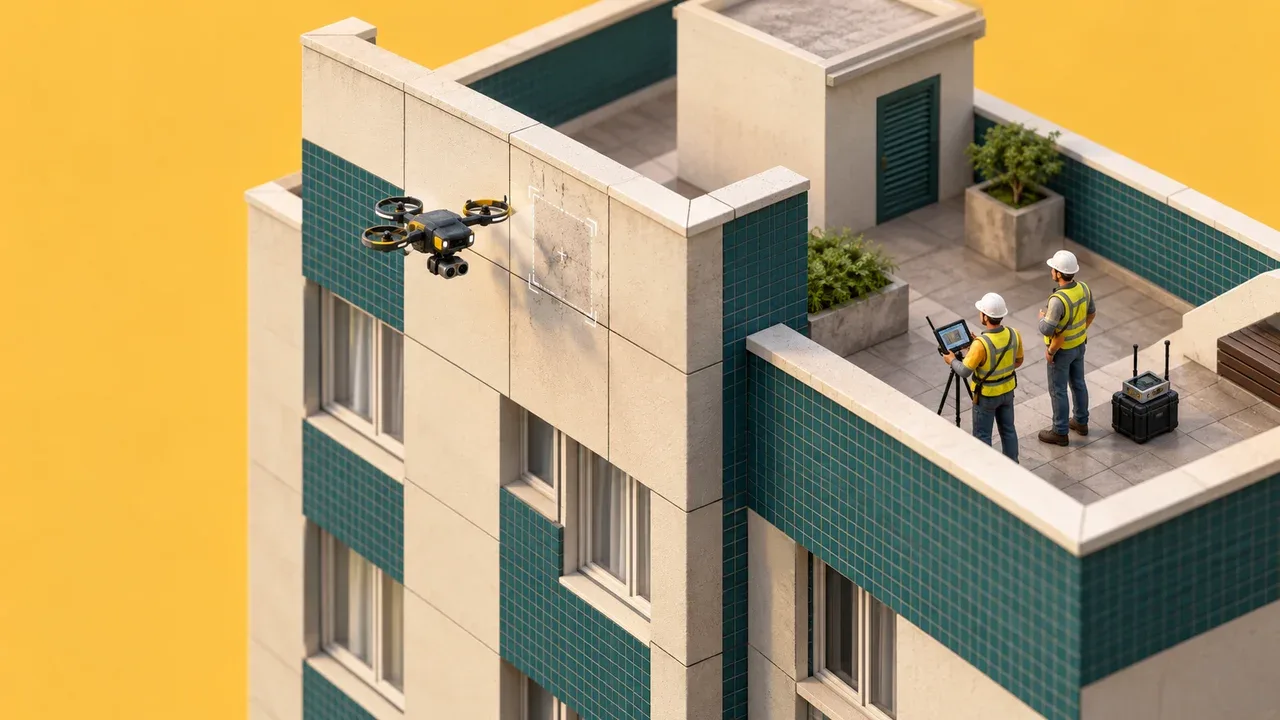 Vista isométrica média de maquete predial com drone de inspeção apontando sensores para painel de fachada