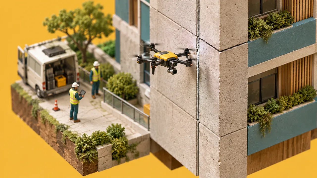Detalhe em close-up de maquete com drone de inspeção miniatura alinhado a junta com fissura na fachada