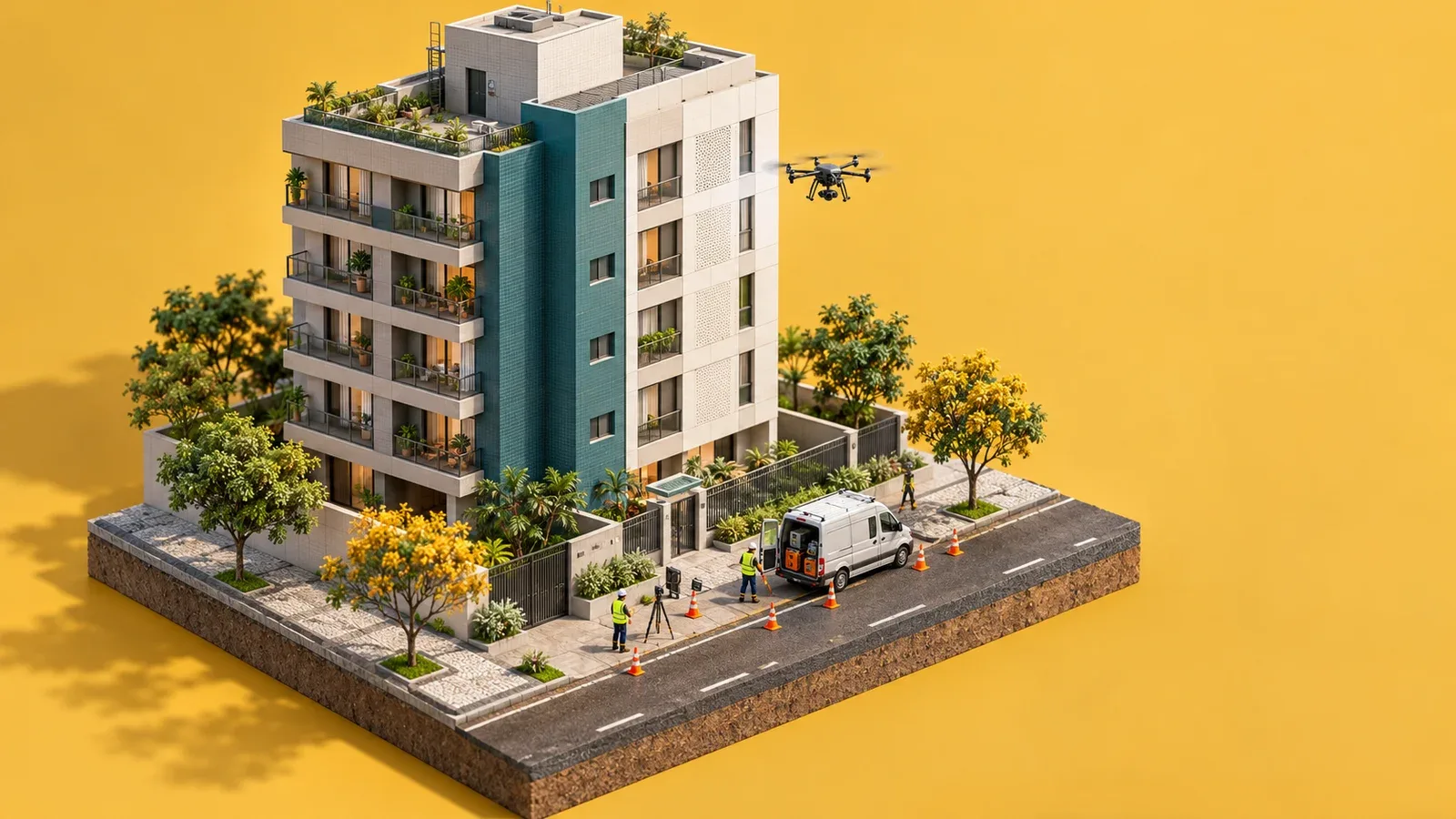 Maquete isométrica de edifício residencial com drone em miniatura realizando inspeção técnica de fachada