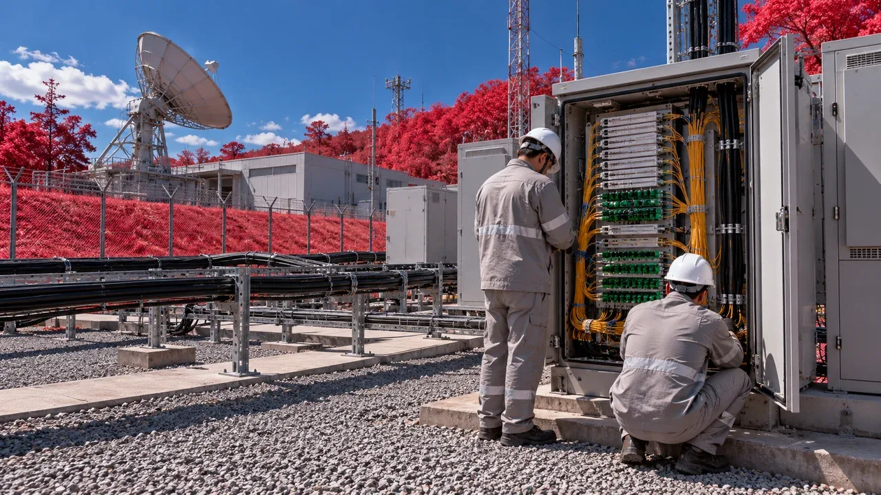 Técnicos inspecionando gabinete de distribuição de cabos de rede em central de dados