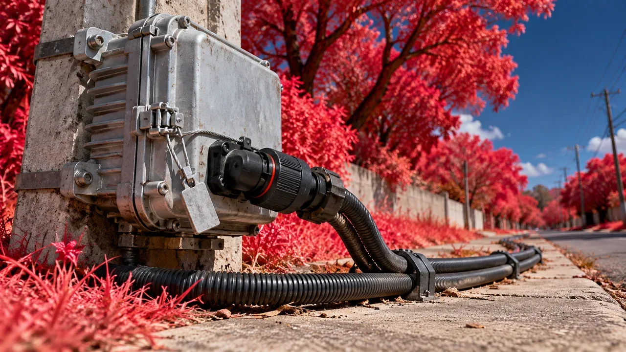 Conector industrial de rede com lacre metálico de segurança em instalação externa