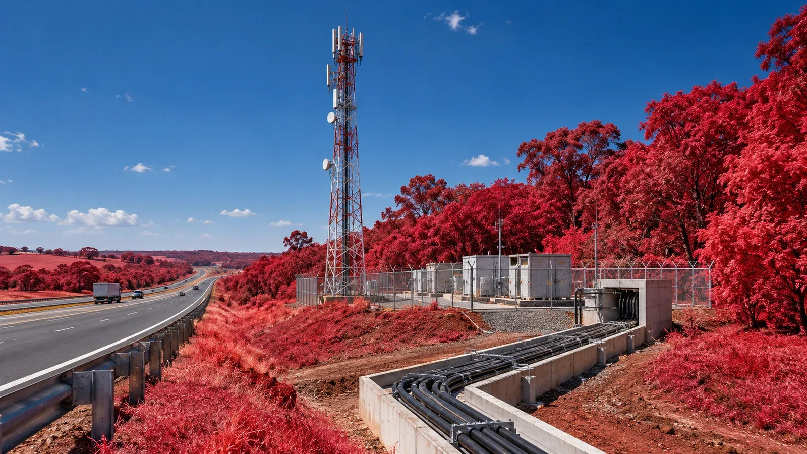 Torre de transmissão metálica em rodovia com cabos de fibra óptica e infraestrutura técnica