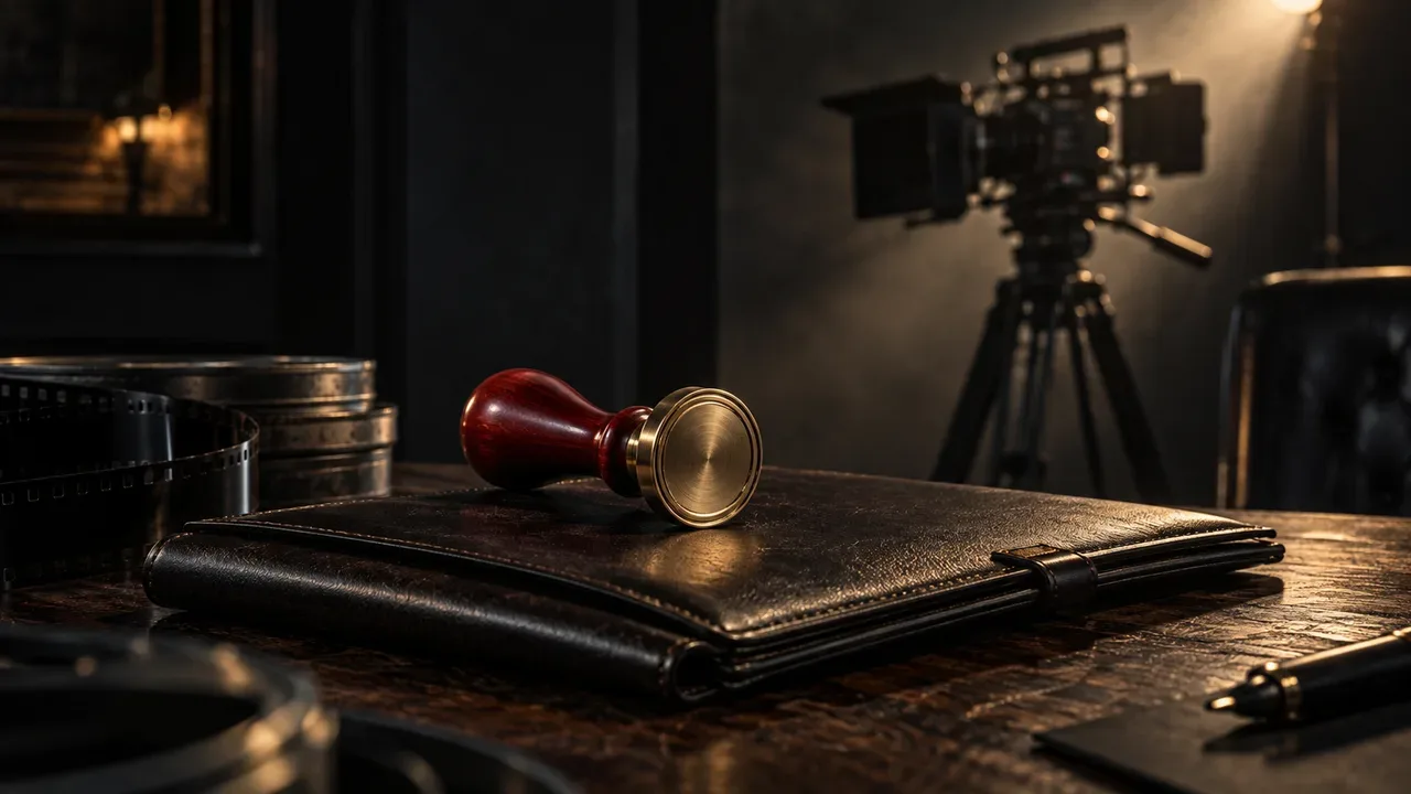Composição fotográfica conceitual de autoridade executiva com sinete metálico com detalhe carmim sobre pasta de couro e câmera de cinema ao fundo