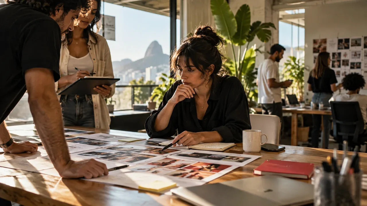Gestor de mídia de performance em estação de trabalho de agência analisando métricas de retenção e campanhas