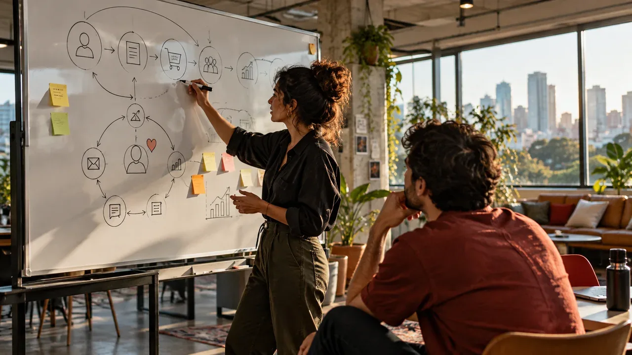 Especialistas de growth marketing em reunião de planejamento de retenção e unit economics em agência