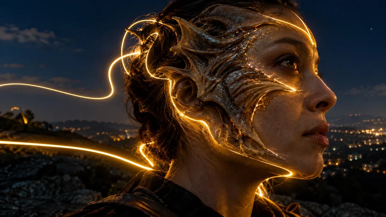 Linhas luminosas destacando a aplicação precisa de prótese de silicone cinematográfica