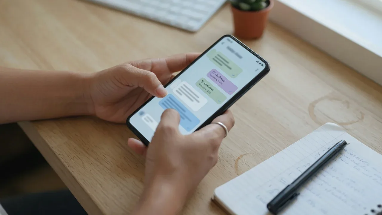 Detalhe de smartphone em balcão de clínica com agendamento comercial em tempo real