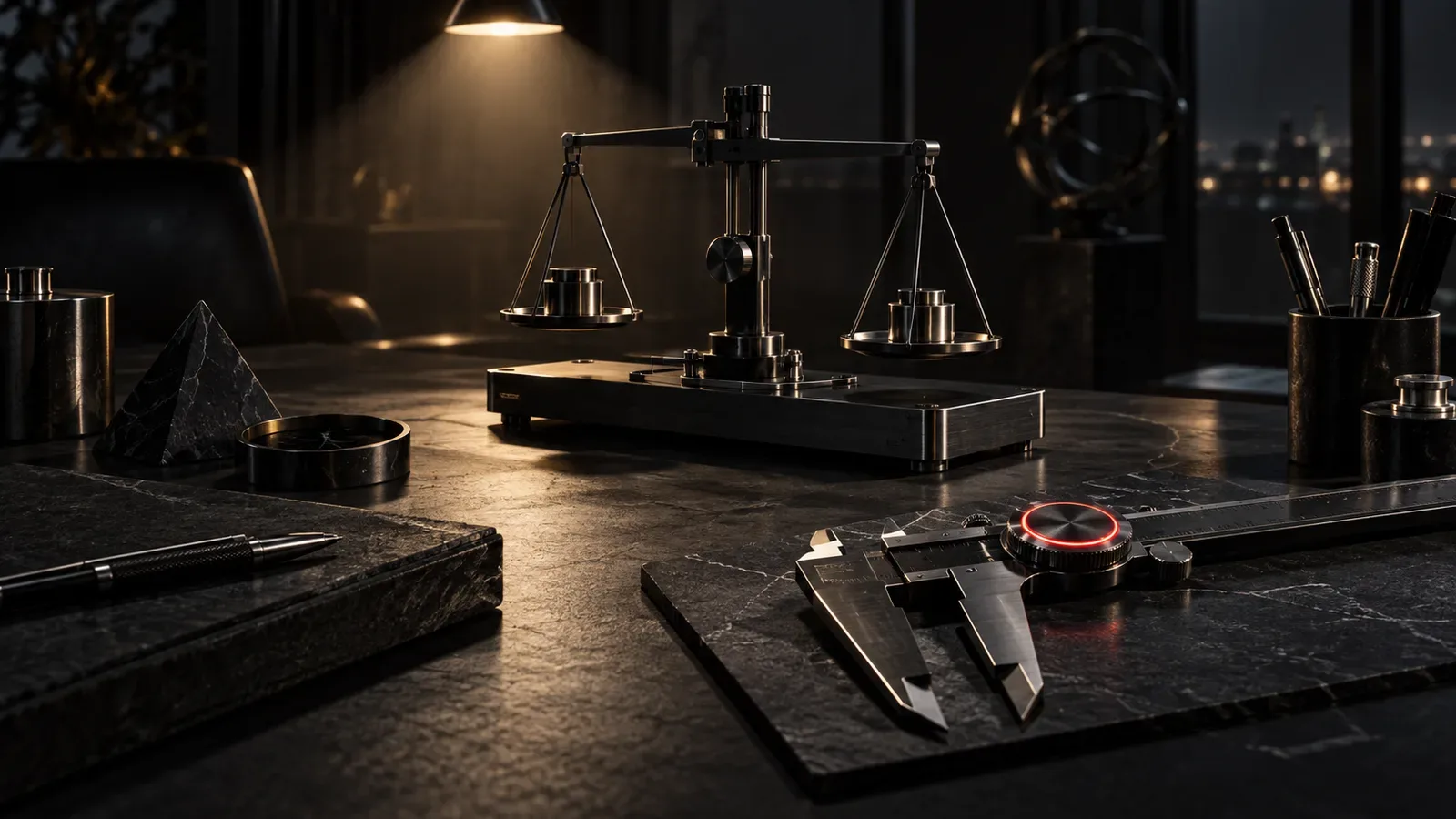 Mesa de comando executivo de marketing de performance com balança analítica, instrumentos em ardósia escura e anel carmim