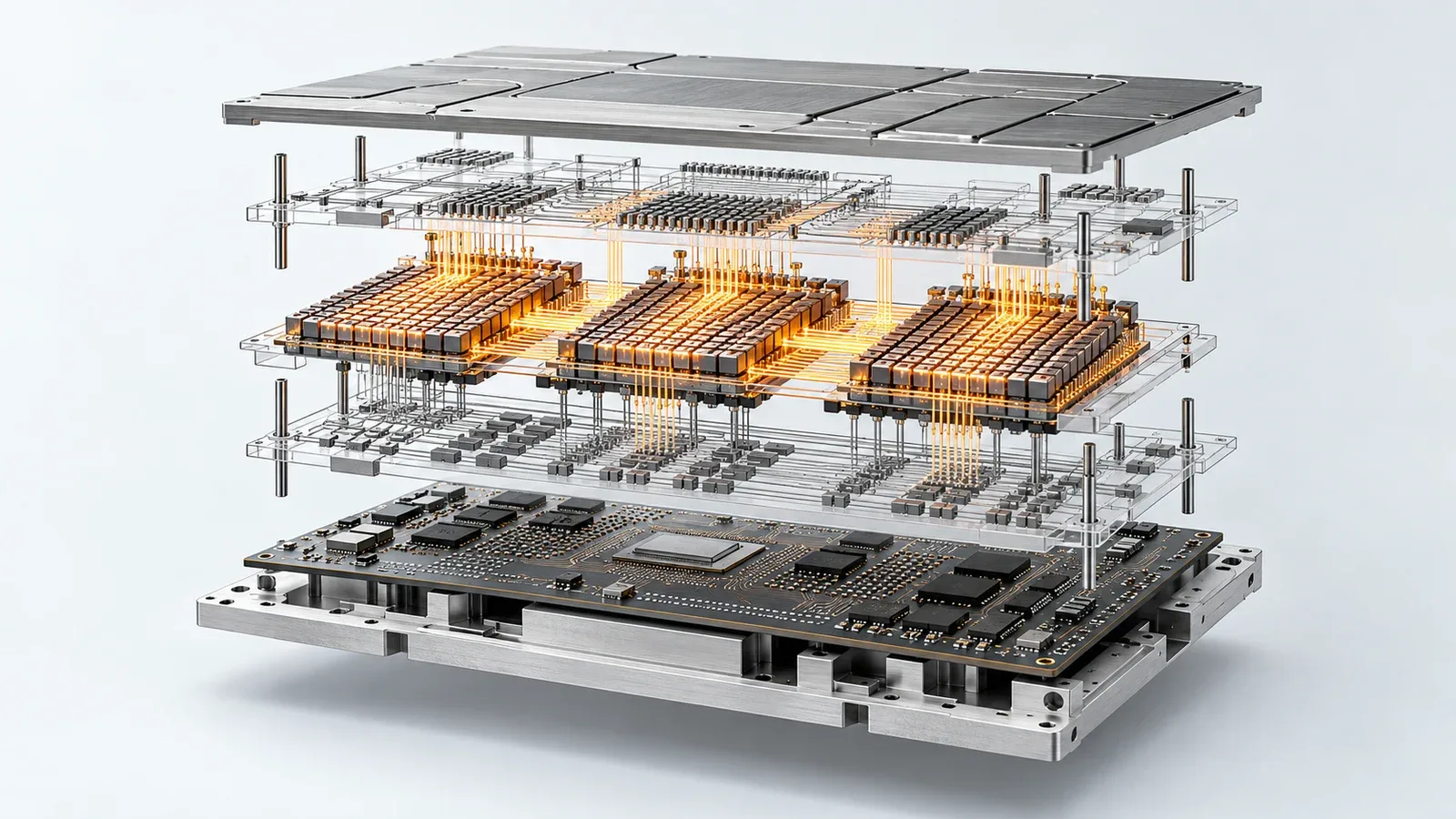 Estrutura computacional explodida de um processador neural Transformer em camadas modulares
