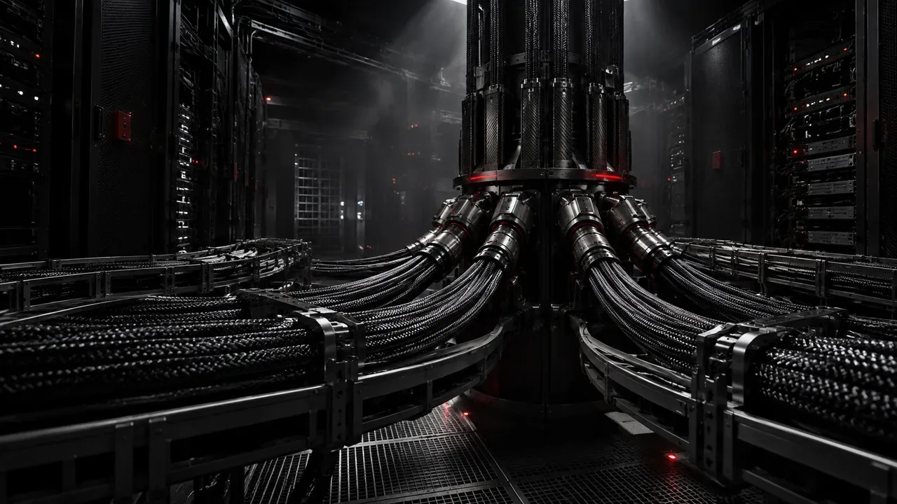 Sala de roteamento e junção de telecomunicações com feixes de fibra óptica e nó central de gateway sob foco direcional chiaroscuro