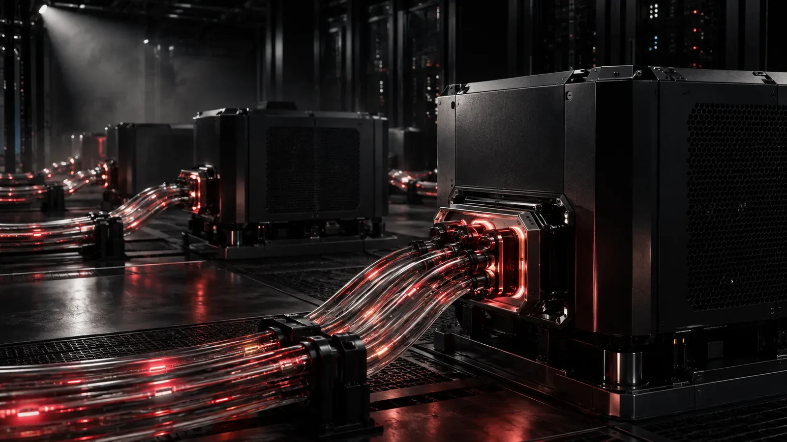 Bancada técnica de engenharia de software com nós de servidores modulares distribuídos sob iluminação chiaroscuro e conduto iluminado carmim