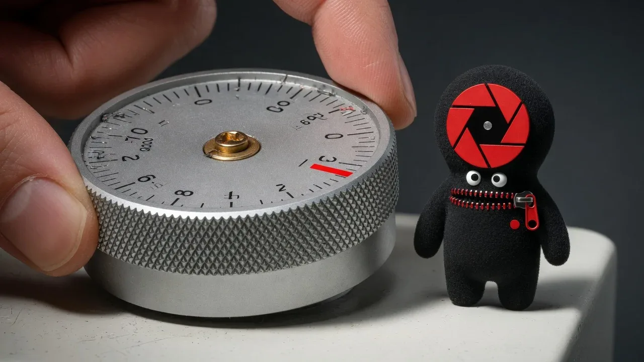 Foto macro de precisão com dial giratório recartilhado sendo ajustado para calibrar orçamento enquanto o mascote da MaxVision observa ao lado