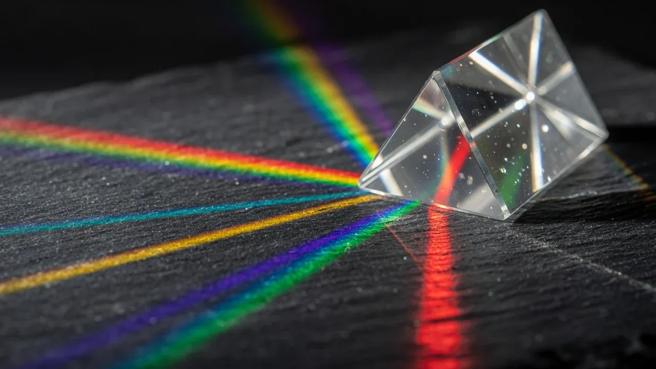 Foto macro de prisma de vidro lapidado dividindo feixe de luz focado em faixas de cores sobre ardósia escura representando distribuição de canais de mídia