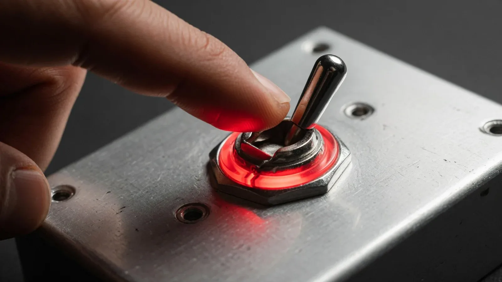 Foto macro em plano detalhe de dedo indicador acionando interruptor metálico de controle com indicador iluminado sobre console de alumínio escovado