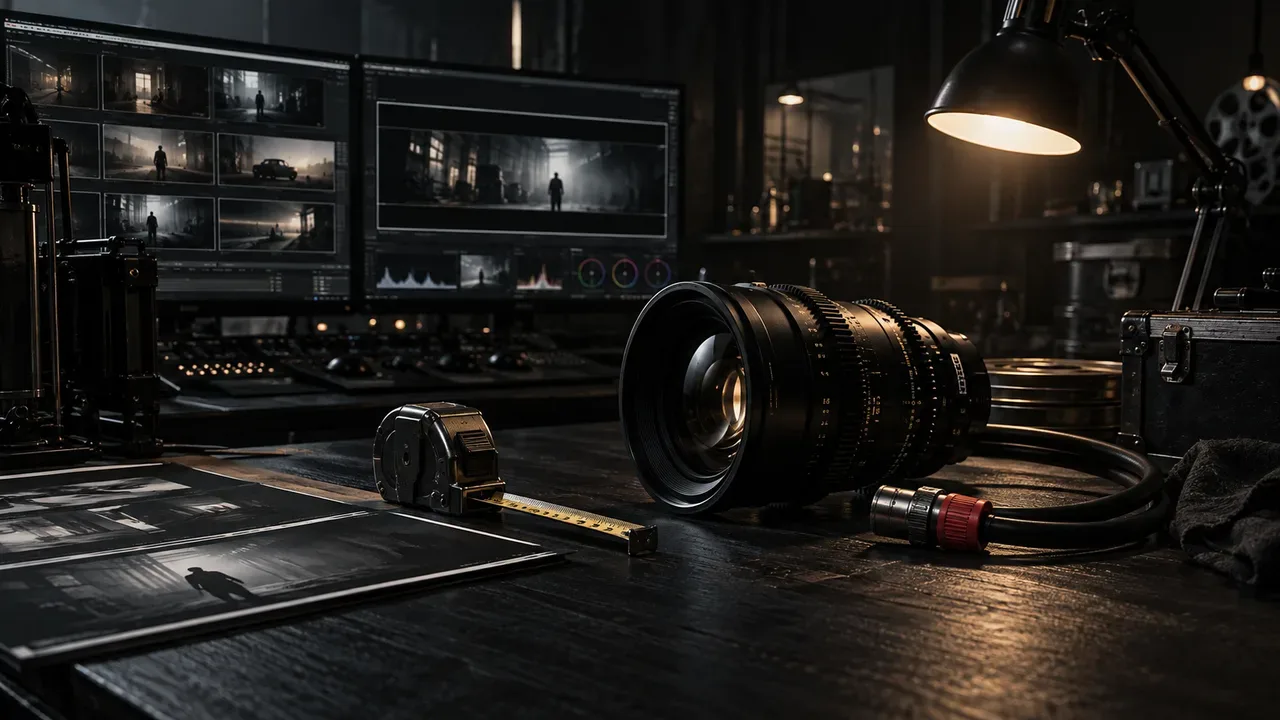 Console cinematográfico de pós-produção audiovisual exibindo variaç�ões de enquadramento widescreen sob iluminação chiaroscuro