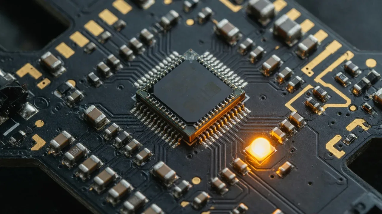 Placa de circuito impresso de controladora de voo evidenciando sensor giroscópio