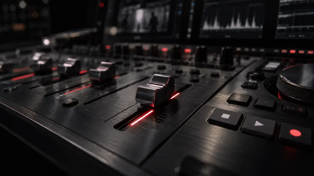 Console de edição e faders motorizados em ilha de pós-produção audiovisual