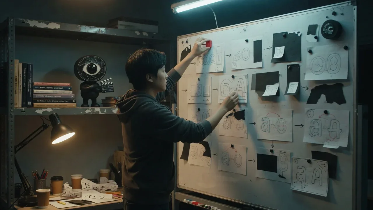 Animadora gráfica em estúdio avaliando storyboard de tipografia cinética e transições visuais