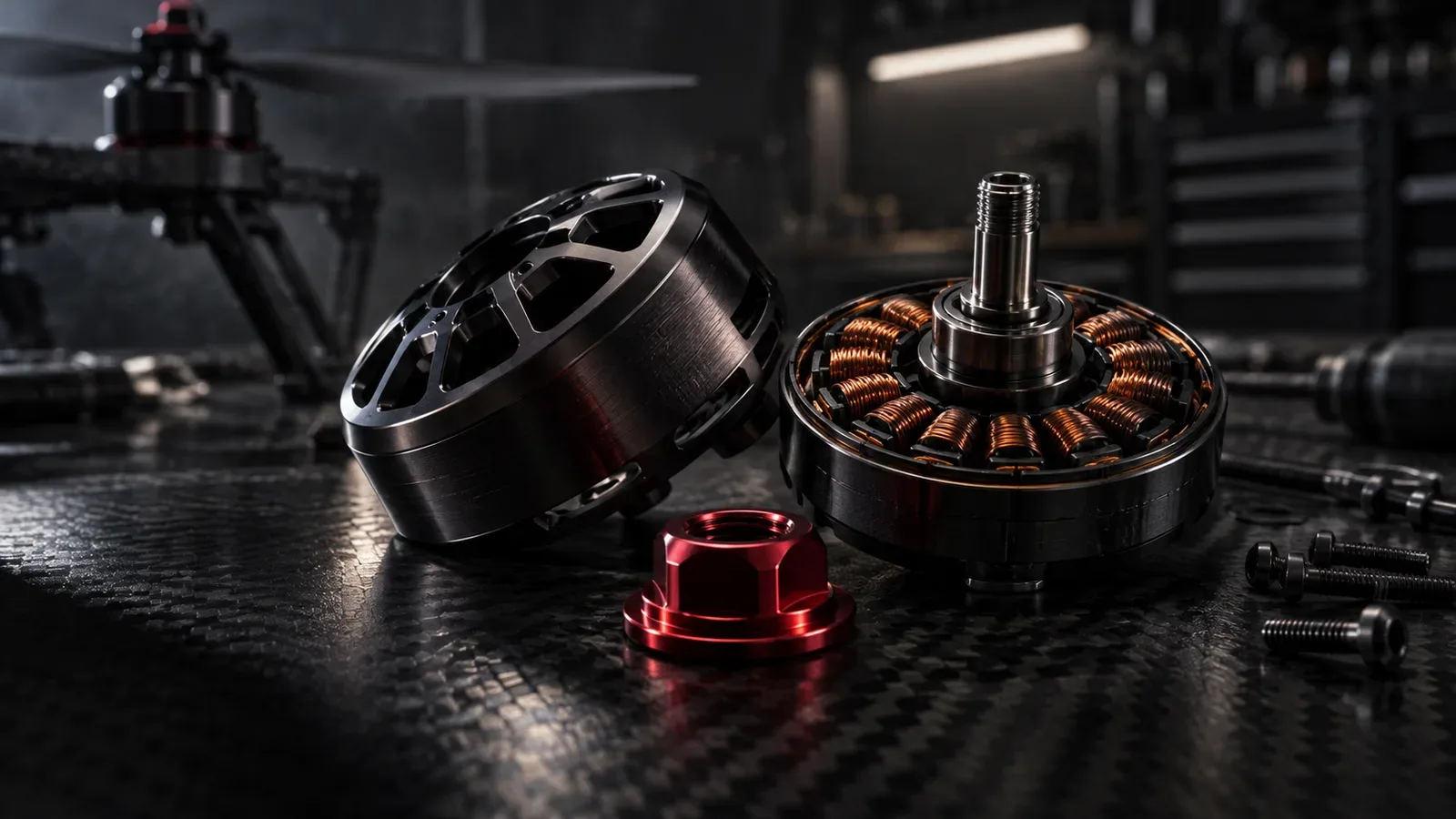 Motor brushless de drone desmontado com estator de cobre exposto e porca de hélice carmim sobre chassi de carbono
