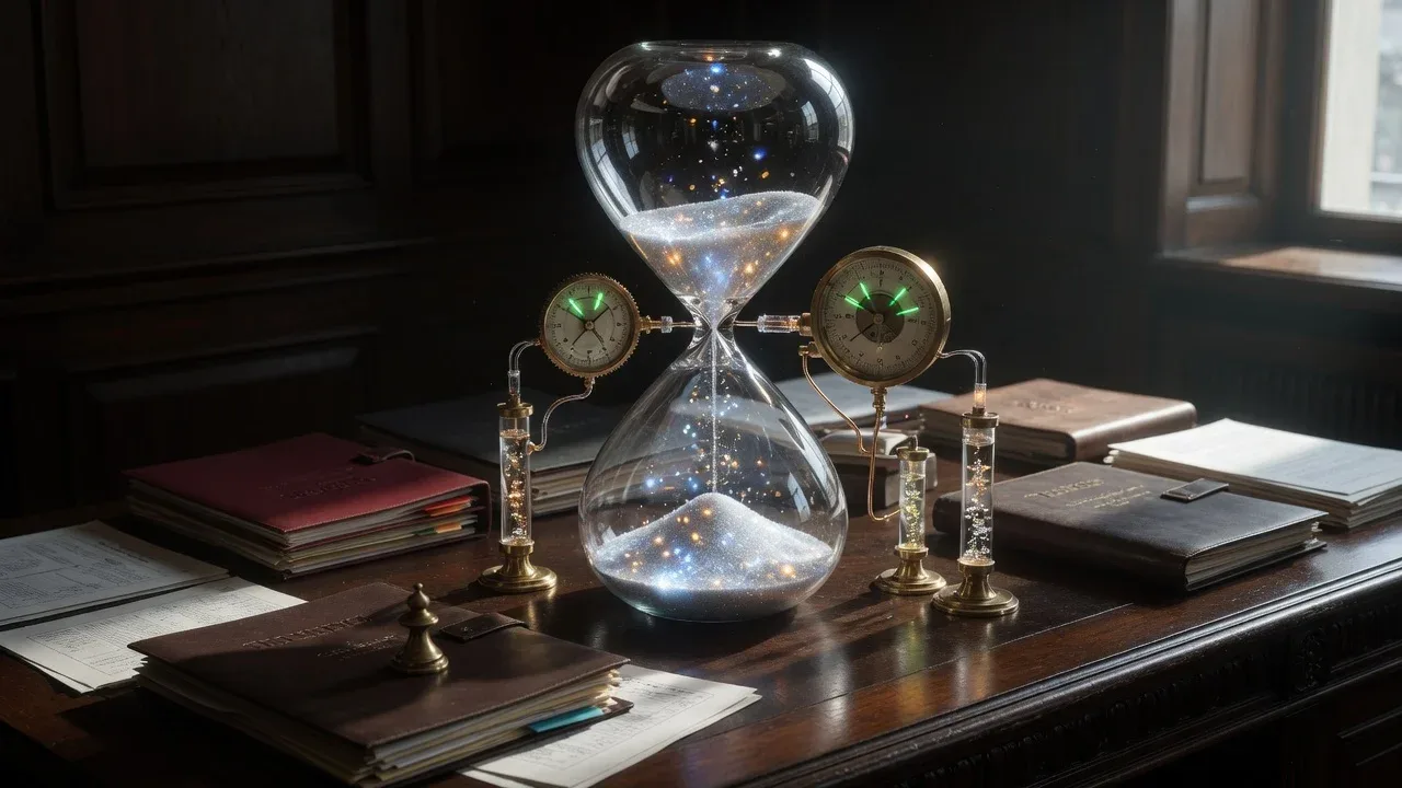 Plano médio conceitual surreal em sala de reunião corporativa com ampulheta gigante sobre mesa de madeira espelhada onde o fluxo de areia aciona ponteiros luminosos ao lado de documentos de vendas