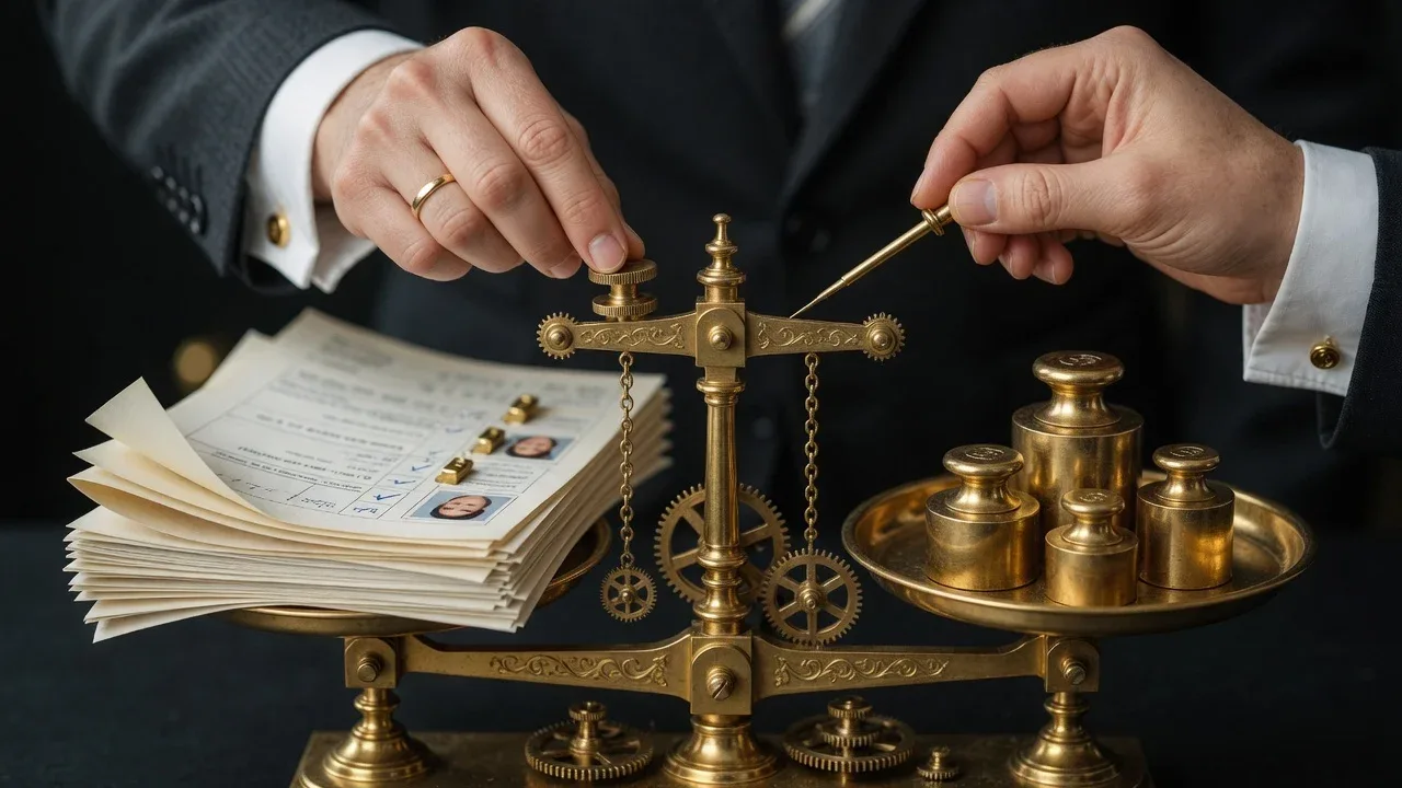 Plano detalhe conceitual surreal com mãos técnicas ajustando engrenagens de precisão em latão sobre balança analítica dourada que equilibra relatórios de métricas e fichas de clientes