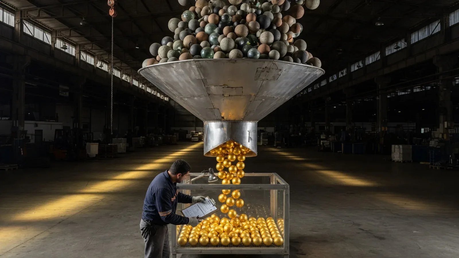 Composição conceitual surreal em plano geral em galpão logístico paulista com enorme funil metálico industrial filtrando esferas luminosas enquanto um operador avalia registros em prancheta