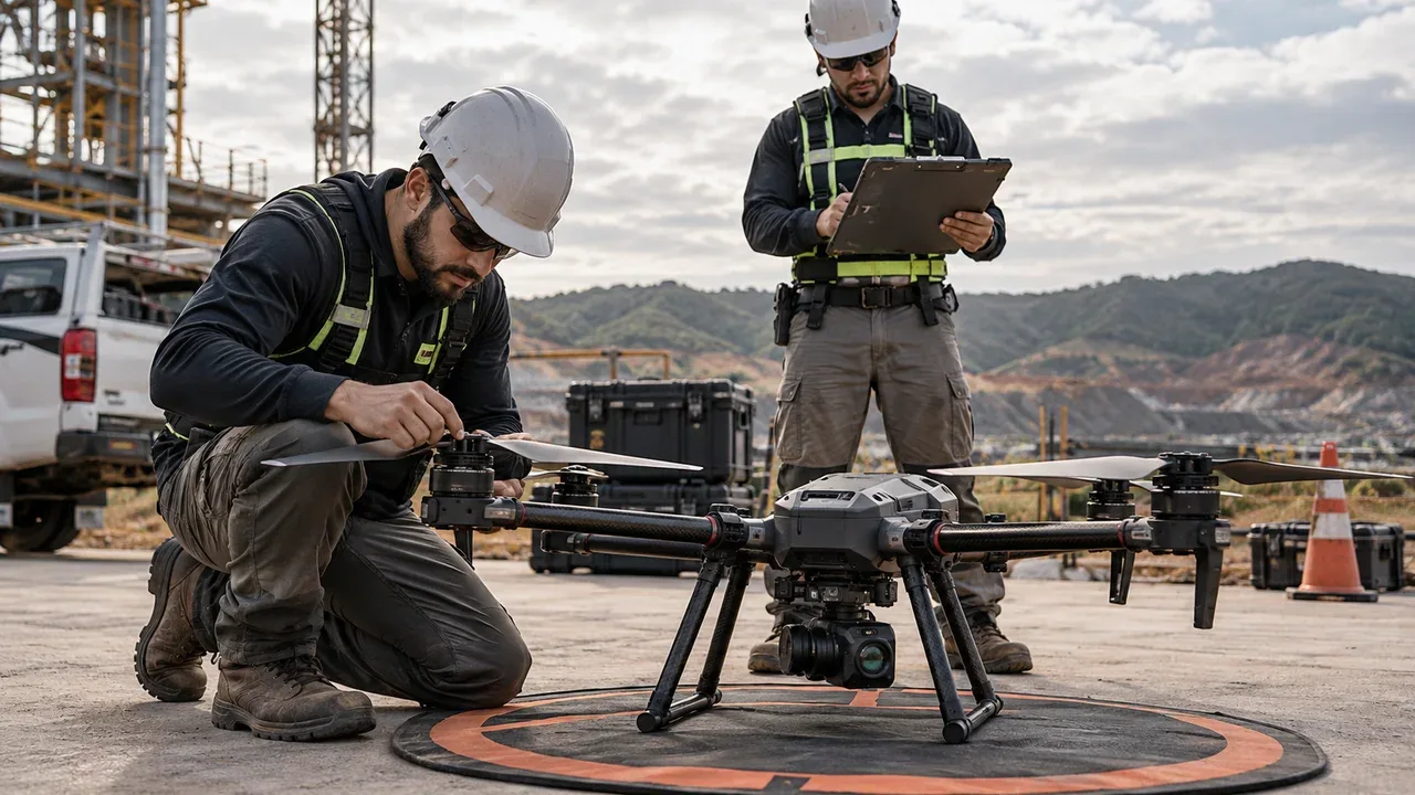 Equipe técnica realizando inspeção pré-voo em multicóptero quadricóptero em pátio operacional
