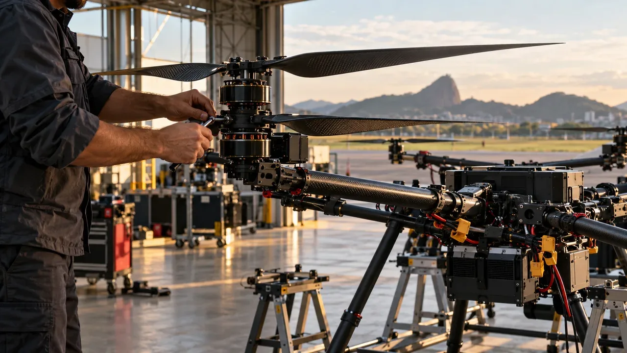 Técnico ajustando conjunto de propulsão de multicóptero coaxial X8 em hangar aberto