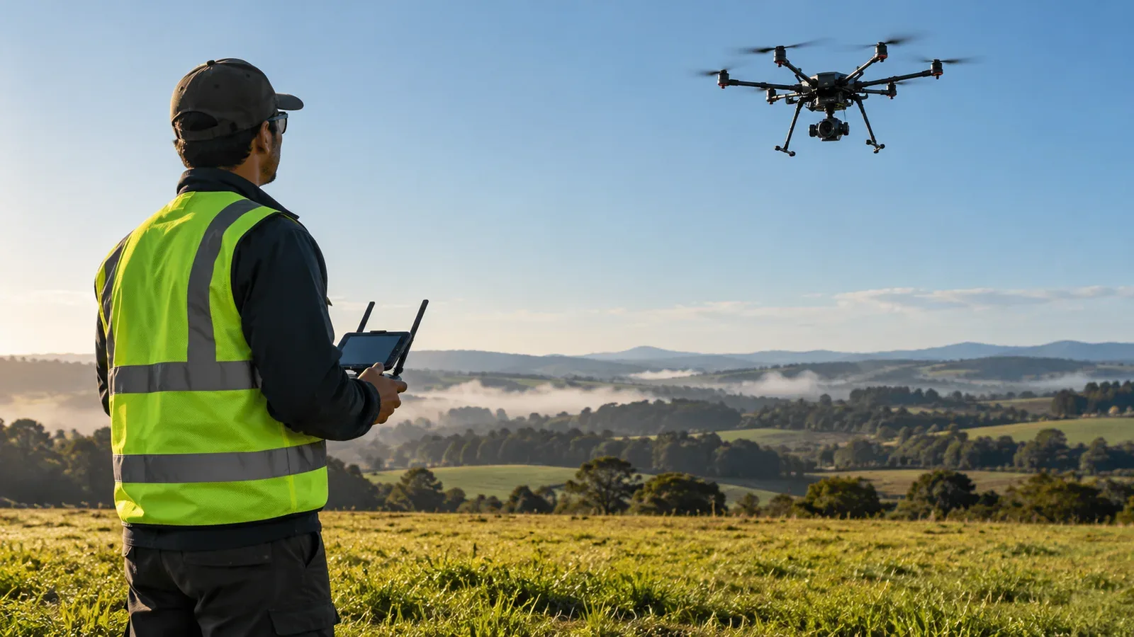 Piloto comercial operando multicóptero hexacóptero em voo de teste em campo aberto