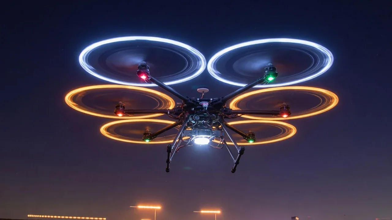 Octocóptero coaxial X8 pairando em altitude de teste com rastros de luz dos motores duplos sobrepostos