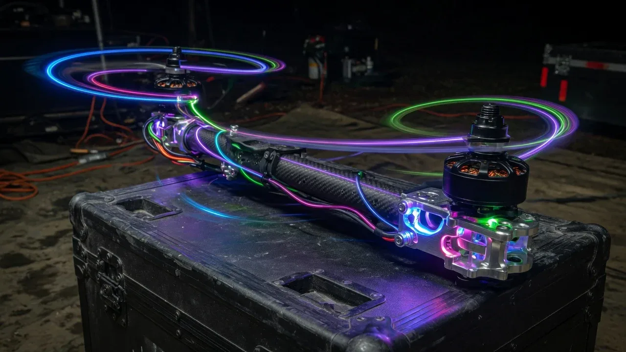 Detalhe mecânico do conjunto de motor duplo de octocóptero com iluminação de longa exposição