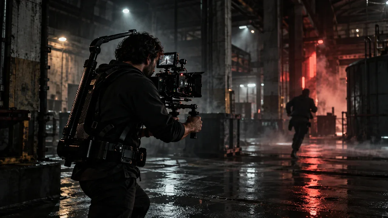 Operador de câmera no set de filmagem ajustando a câmera no tripé