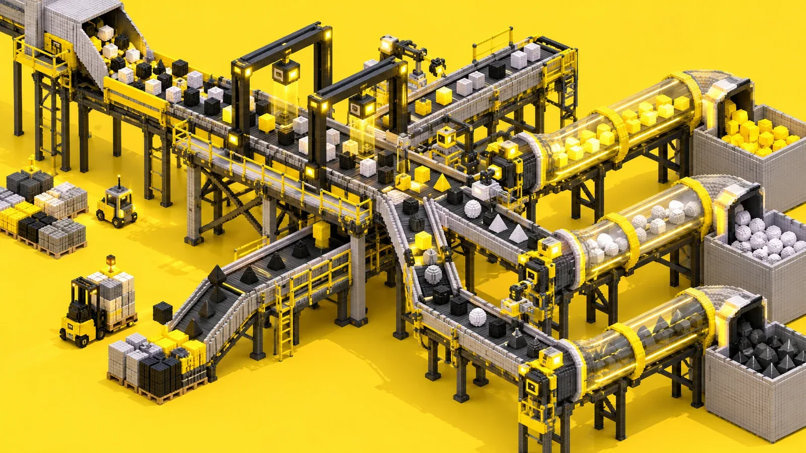Cenário tridimensional isométrico construído em blocos de voxel representando a esteira de prospecção ativa e funil de vendas corporativo