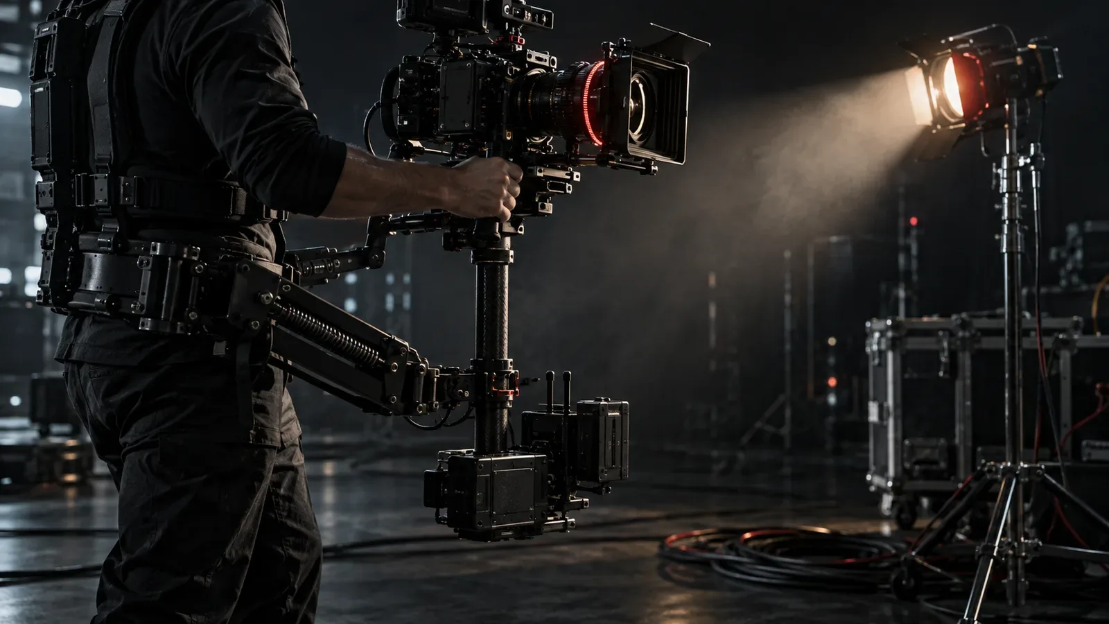 Operador com sistema Steadicam em plano-sequência contínuo no set de filmagem